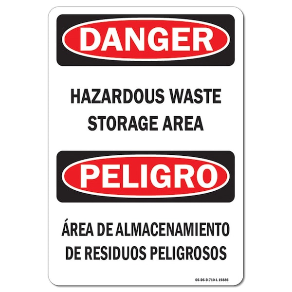 Safety Sign, OSHA Danger, 3.5" Height, Hazardous Waste Storage Area Bilingual, Landscape, 10PK
